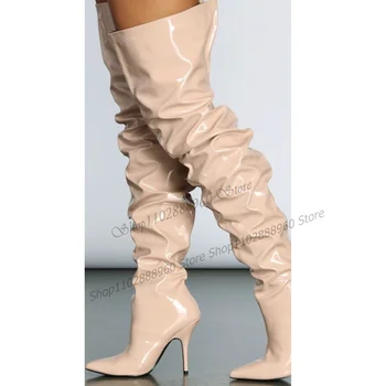 Plus Velikosti Meruňky Patent Kožené Boty Skládaný Tenký Vysoký Podpatek Dámské Boty Slip-On Špičaté Toe 2023 Módní Zapatos Para Mujere