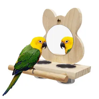 Papoušek Zrcadlo Hračka Dřevo Stojan Pták Zrcadlo s Bidýlko Pták Papoušek Stojící Hračka se Zrcátkem a Potravin 
