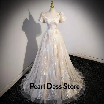 Ivory Luxusní Plesové Šaty Formální Příležitosti Večerní Šaty A-line Krátký Rukáv Náměstí Krk Lesklé Šaty