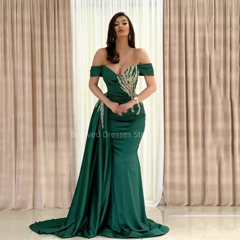 Sexy Zelené Saténové Mořská panna Prom Šaty Vestidos De Gala 2023 Off Rameno Večerní Šaty Party Šaty Vestidos De Fiesta