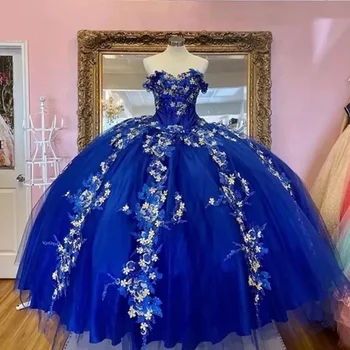 Královská Modrá Quinceañera Šaty Nádherně Korálkové Květiny 3D Flora Opuchlé Ples Šaty Večerní Ples Dresess Pro Sladké 15 Dospívající Šaty