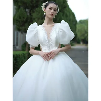 Princezna Nevěsta šaty gala Satin Svatební Šaty Svatební Elegantní francouzské Puff Sleeve H280
