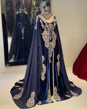 Tmavě Modré arabské Kaftan Prom Formální Šaty s Mysem Korálkové Nášivka Šifon Samet Dva Kusy Marocké Večerní Šaty Oblečení