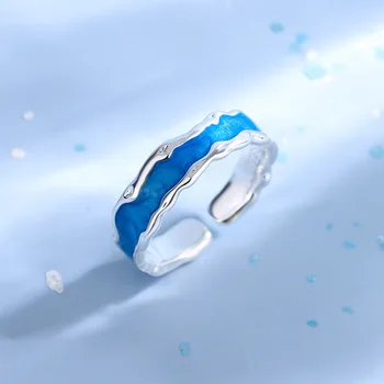 Nové Módní Stříbrné Barvy, Jednoduchý Styl Modrá Vlna Geometrické Otevřít Prst Prsten Pro Ženy, Dívka, Šperky Dárek Velkoobchod Dropship
