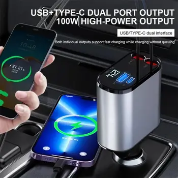 120W 4 V 1 Samonavíjecí Nabíječka do Auta USB C Kabel Pro iPhone Huawei Samsung Fast Charge Kabel, Adaptér do Zapalovače PD QC3.0