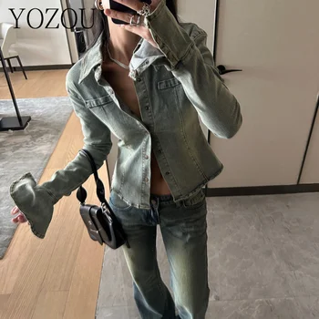 [YOZOU] Vintage Slim Čisté Fit Stylový Kabát Denim Bundy Dámské Tričko Bodycon Erupce Rukáv Top Rave Oblečení korejský Styl Kpop